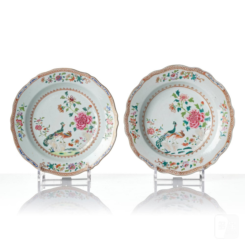 A set of six famille rose 'double peacock' soup dishes, - 图4